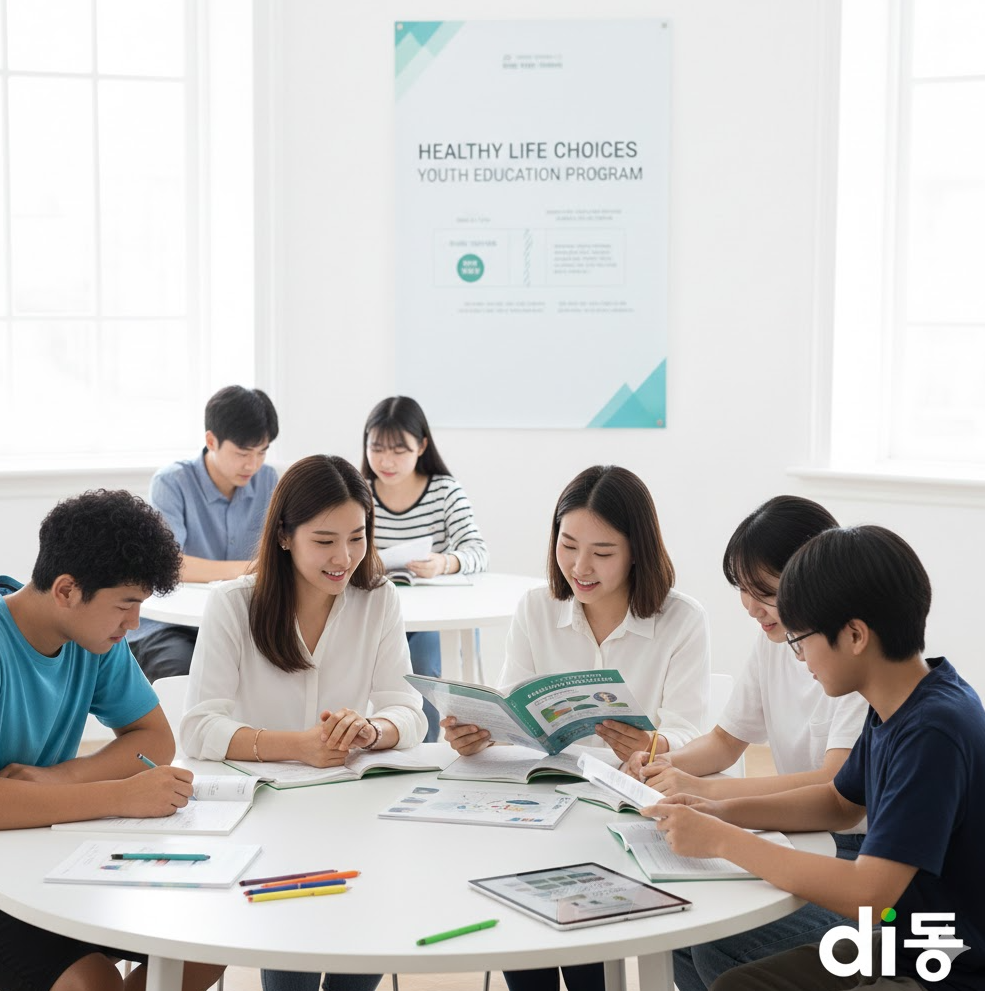 청소년 교육 세션을 묘사한 이미지, di동 로고와 함께 책 읽는 아이들 청소년 교육 세션을 묘사한 이미지, di동 로고와 함께 책 읽는 아이들