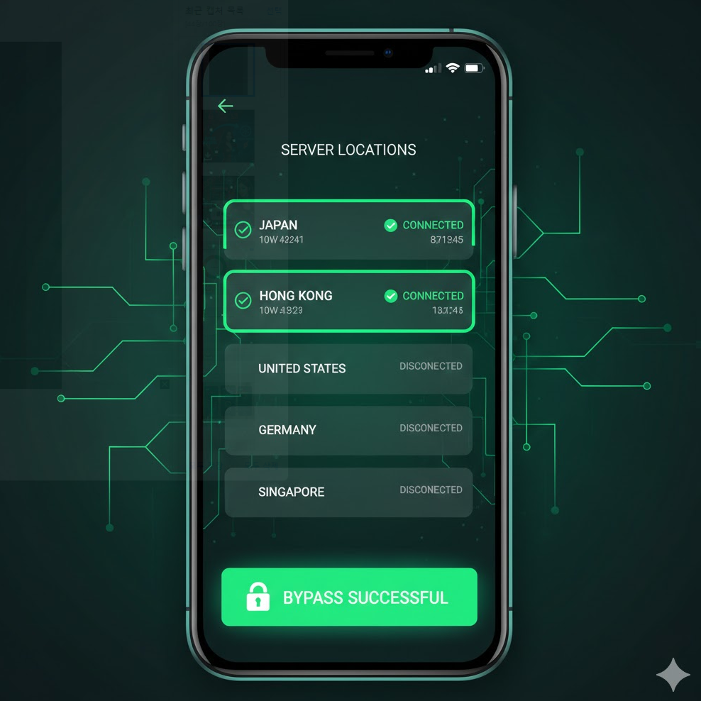 VPN 앱 서버 목록에 일본·홍콩 서버가 강조된 캡처 이미지 녹색 테마로 성공적인 우회 강조 VPN 앱 서버 목록에 일본·홍콩 서버가 강조된 캡처 이미지 녹색 테마로 성공적인 우회 강조