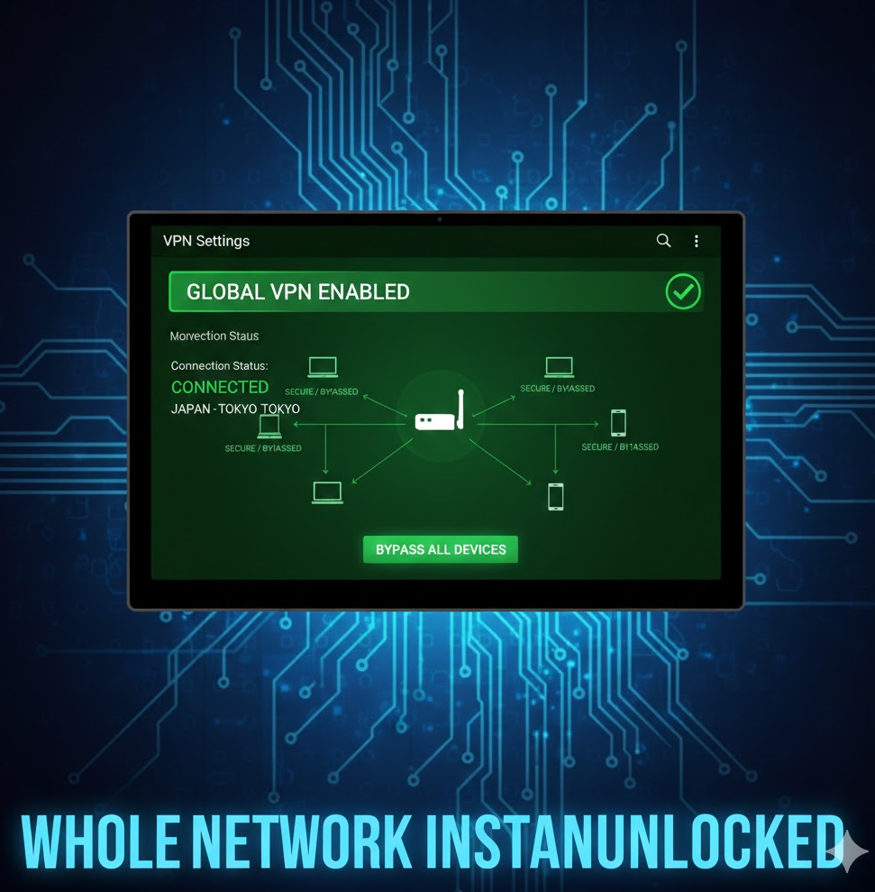 라우터 관리 화면에 VPN 설정이 적용된 그래픽 이미지 녹색 연결 표시로 전체 기기 우회 강조. 라우터 관리 화면에 VPN 설정이 적용된 그래픽 이미지 녹색 연결 표시로 전체 기기 우회 강조.