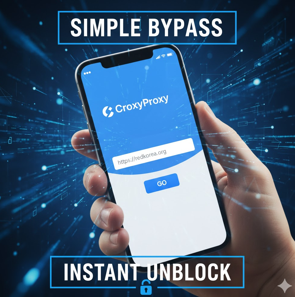 CroxyProxy 웹사이트에 레드코리아 주소 입력된 화면 캡처 이미지 파랑 테마로 간단 우회 강조. CroxyProxy 웹사이트에 레드코리아 주소 입력된 화면 캡처 이미지 파랑 테마로 간단 우회 강조.
