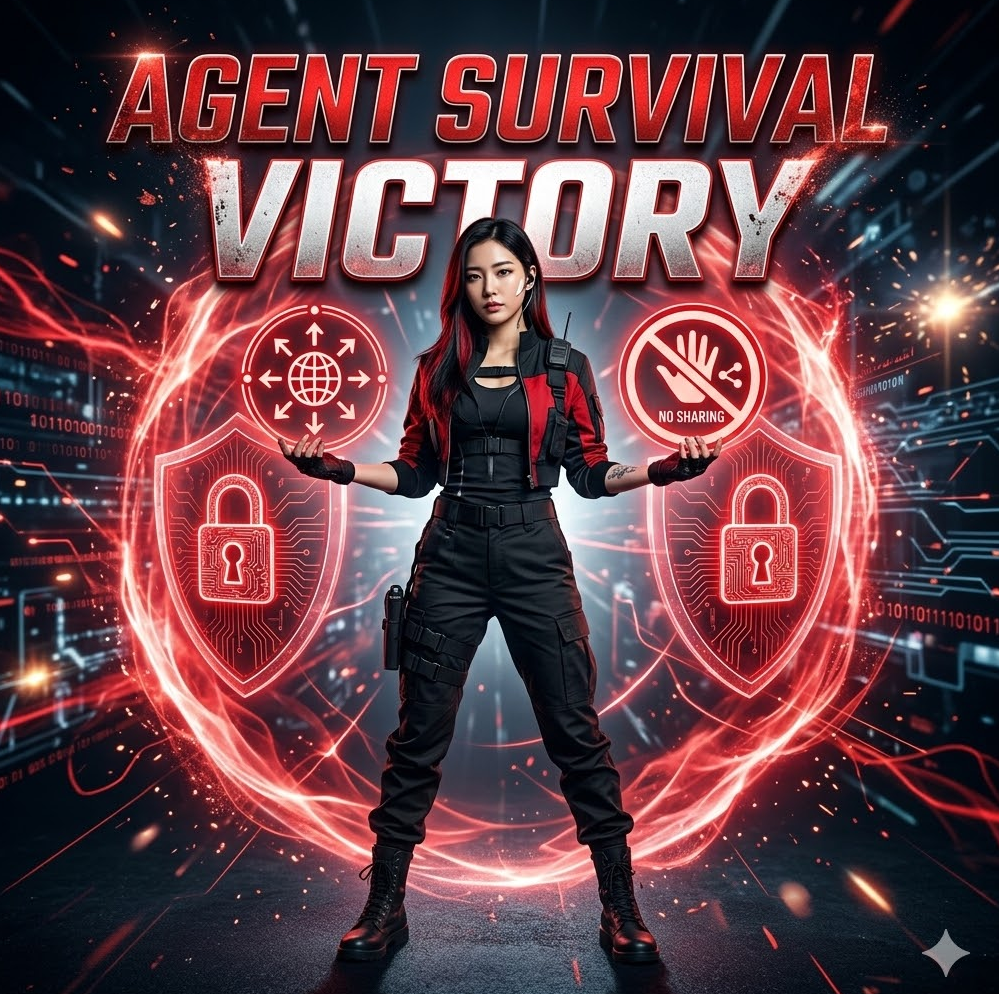 붉은 요원 아이콘이 좌표 무한 수집 아이콘과 공유 금지 표식을 들고 서 있는 그래픽, 'Agent Survival Victory' 텍스트가 강렬하게 새겨진 디자인 붉은 요원 아이콘이 좌표 무한 수집 아이콘과 공유 금지 표식을 들고 서 있는 그래픽, 'Agent Survival Victory' 텍스트가 강렬하게 새겨진 디자인
