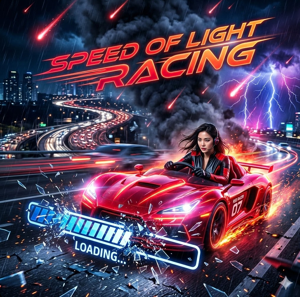 'Speed of Light Racing' 텍스트가 속도감 있게 흐르는 역동적인 장면 'Speed of Light Racing' 텍스트가 속도감 있게 흐르는 역동적인 장면