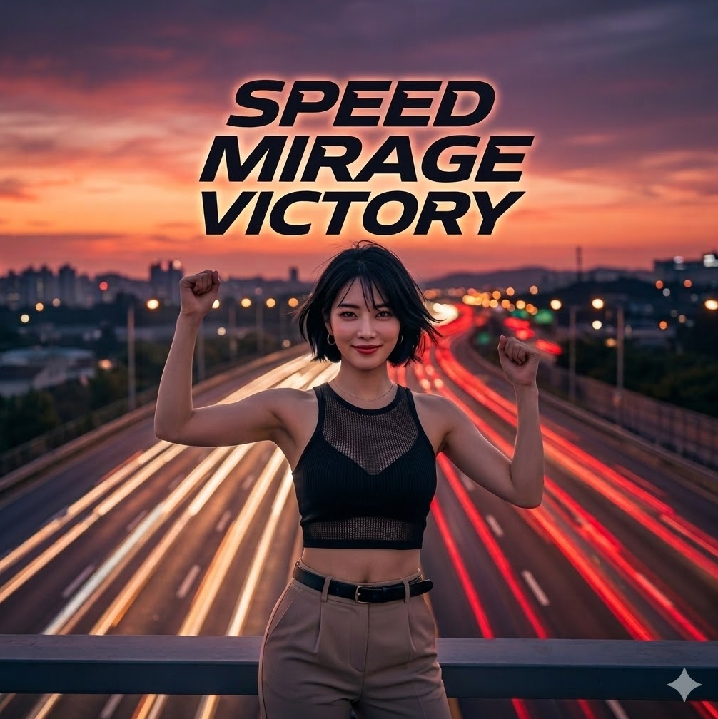 로딩 바가 사라지고 붉은 고속도로가 펼쳐지는 그래픽, 'Speed Mirage Victory' 텍스트가 배치된 디자인. 로딩 바가 사라지고 붉은 고속도로가 펼쳐지는 그래픽, 'Speed Mirage Victory' 텍스트가 배치된 디자인.