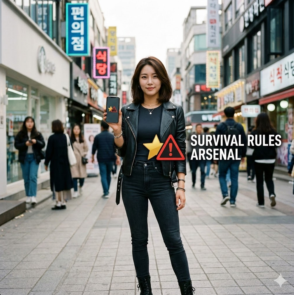 즐겨찾기 아이콘과 사칭 경고 아이콘이 겹쳐진 그래픽, 'Survival Rules Arsenal' 텍스트가 배치된 디자인. 즐겨찾기 아이콘과 사칭 경고 아이콘이 겹쳐진 그래픽, 'Survival Rules Arsenal' 텍스트가 배치된 디자인.