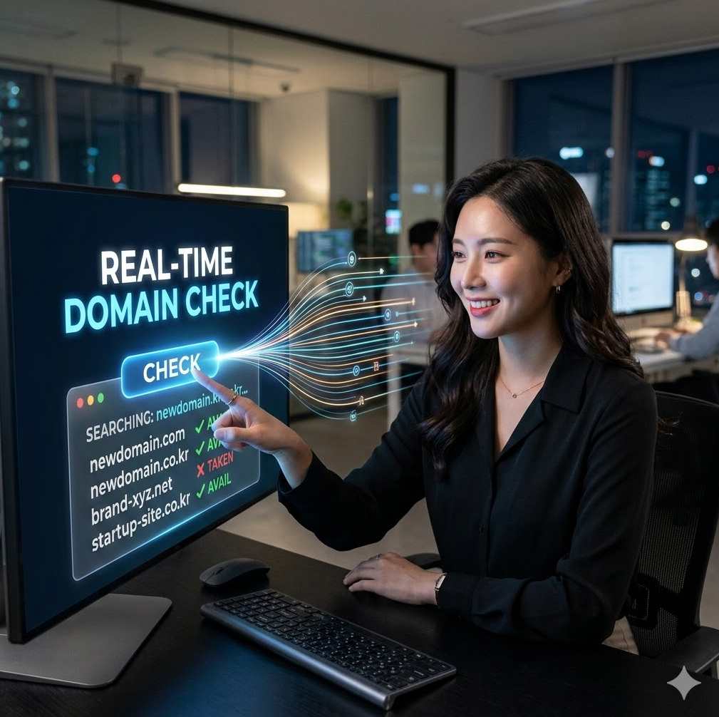 실시간 도메인 점검 버튼 클릭 순간 새 주소가 펼쳐지는 그래픽, 'Real-Time Domain Check' 텍스트가 배치된 디자인. 실시간 도메인 점검 버튼 클릭 순간 새 주소가 펼쳐지는 그래픽, 'Real-Time Domain Check' 텍스트가 배치된 디자인.