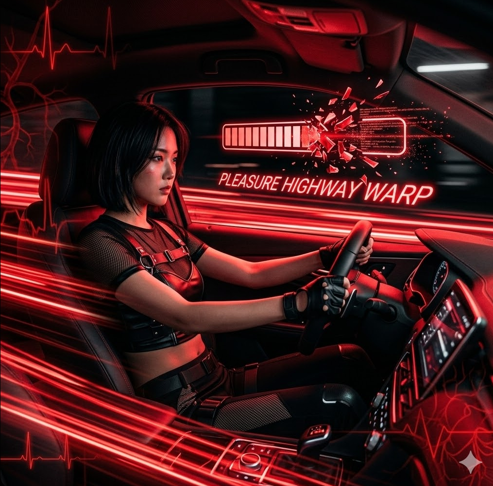 로딩 바가 산산조각 나며 'Pleasure Highway Warp' 텍스트가 속도감 있게 흐르는 역동적인 장면. 로딩 바가 산산조각 나며 'Pleasure Highway Warp' 텍스트가 속도감 있게 흐르는 역동적인 장면.