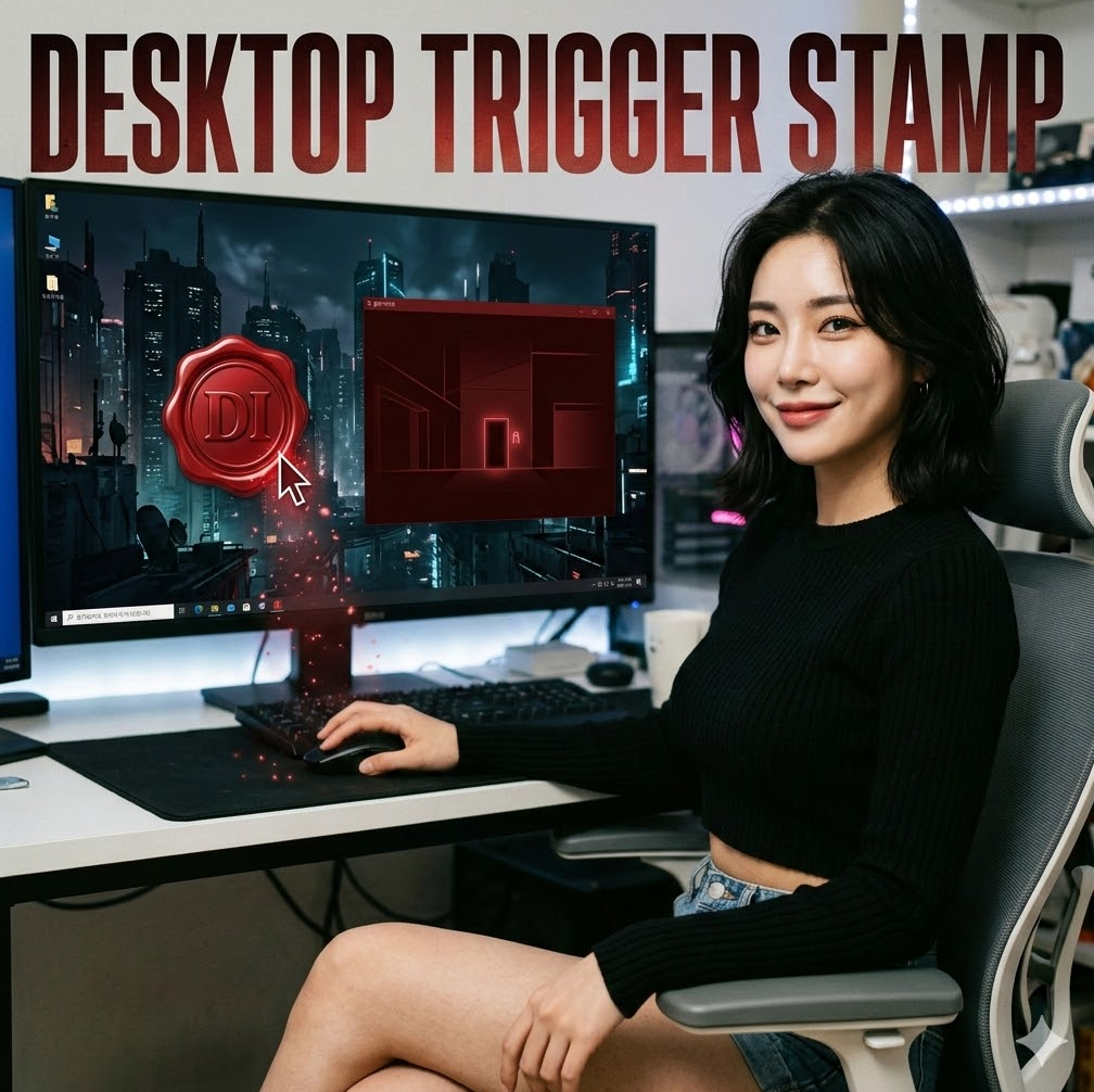 클릭 순간 붉은 아지트가 열리는 효과, 'Desktop Trigger Stamp' 텍스트가 강렬하게 새겨진 디자인. 클릭 순간 붉은 아지트가 열리는 효과, 'Desktop Trigger Stamp' 텍스트가 강렬하게 새겨진 디자인.