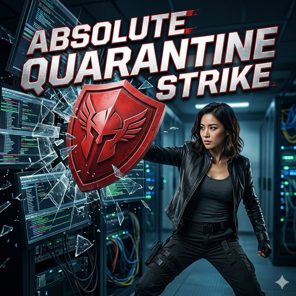 붉은 방패가 가짜 사이트들의 머리를 깨부수는 그래픽, 'Absolute Quarantine Strike' 텍스트가 강렬하게 새겨진 디자인. 붉은 방패가 가짜 사이트들의 머리를 깨부수는 그래픽, 'Absolute Quarantine Strike' 텍스트가 강렬하게 새겨진 디자인.