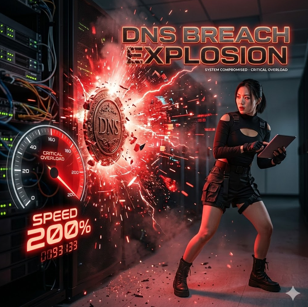 DNS 봉인이 폭발하며 붉은 속도 게이지가 200% 폭주하는 그래픽, 'DNS Breach Explosion' 텍스트가 배치된 디자인. DNS 봉인이 폭발하며 붉은 속도 게이지가 200% 폭주하는 그래픽, 'DNS Breach Explosion' 텍스트가 배치된 디자인.